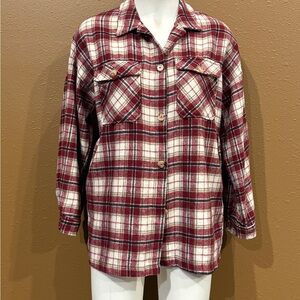 Burgundy and Cream Oversized Plaid Button-Up Shacket